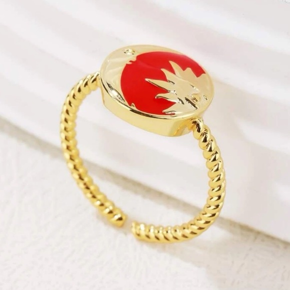 New Gold Dipped Red Enamel Sun & Moon Textured Cuff Ring / Red & Gold Boho Vibes - Picture 4 of 15
